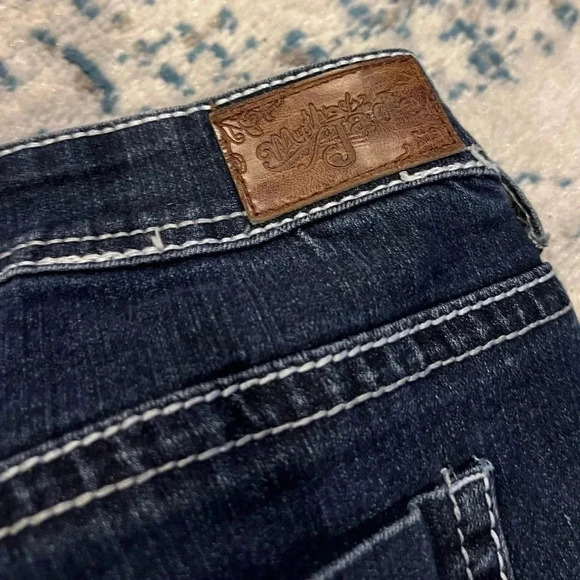 Myth of Jade Dark Wash Boot Cut straight leg white stitching pocket detail 28 - Picture 6 of 7